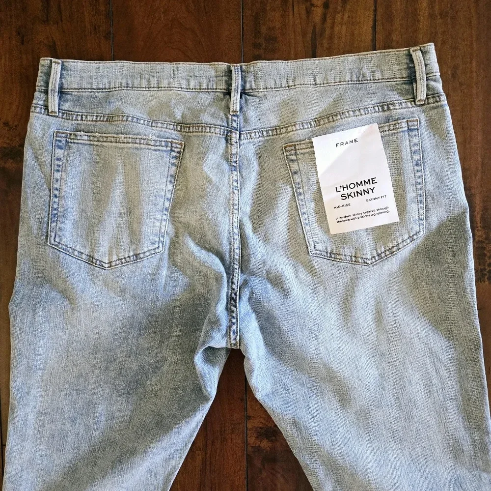 Frame Men's Denim L'Homme Skinny Fit Mid Rise Light Wash Distressed Jeans Sz 38